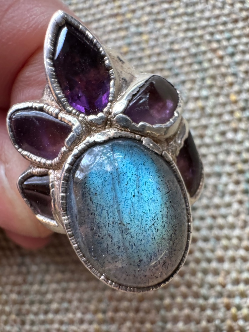 Artist Made Silver Ring with Spectrolite and Amethyst Stones